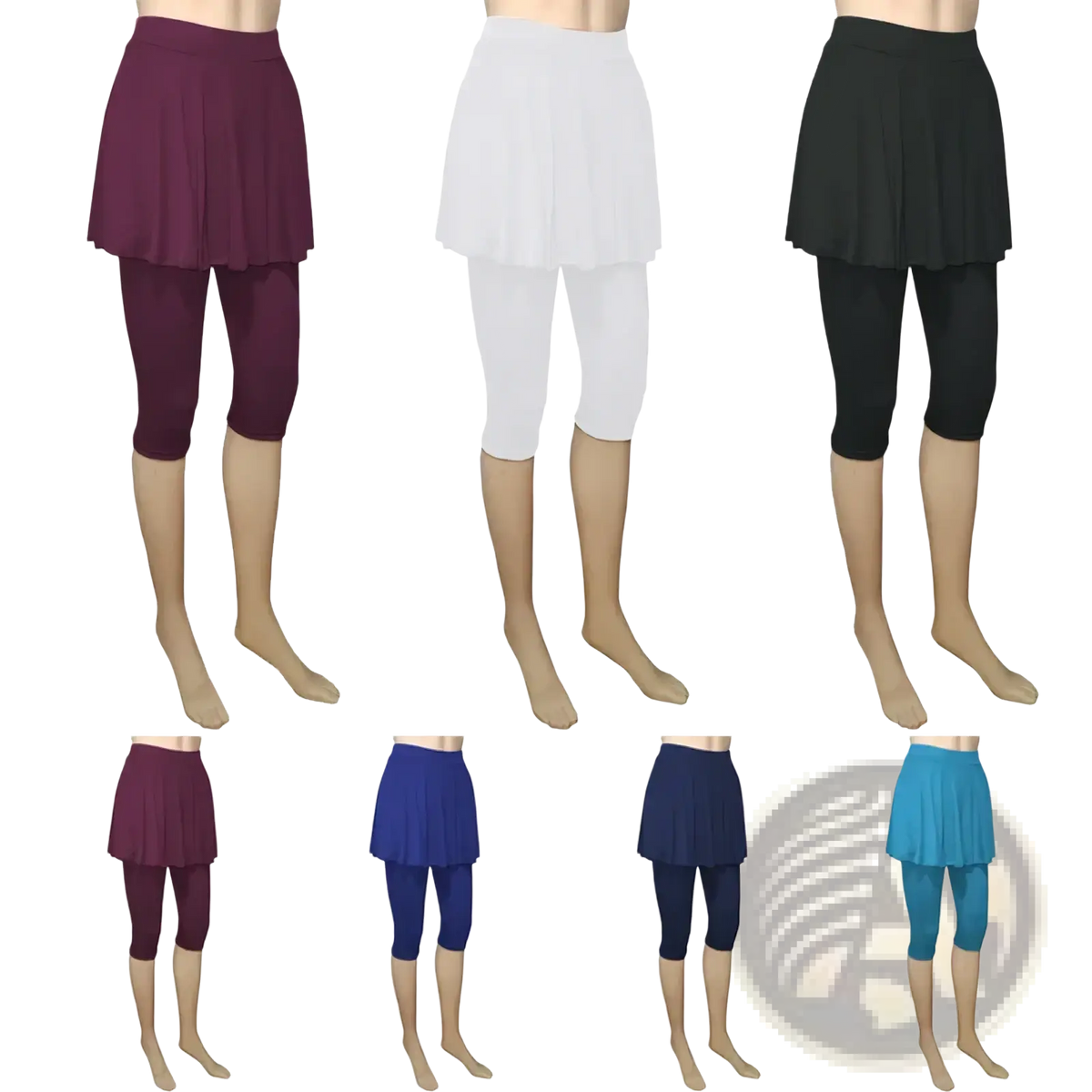 Plush pleated skirt overlay skort leggings capris in maroon white black navy and teal activewear pants