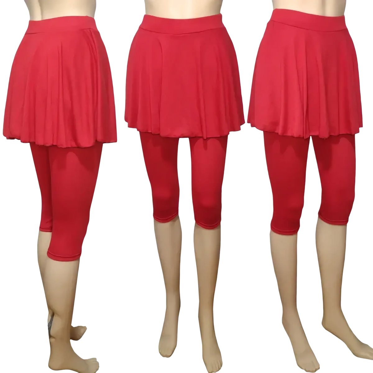 Red pleated skort leggings capris activewear pants featuring a red pleated skirt worn over red capri leggings