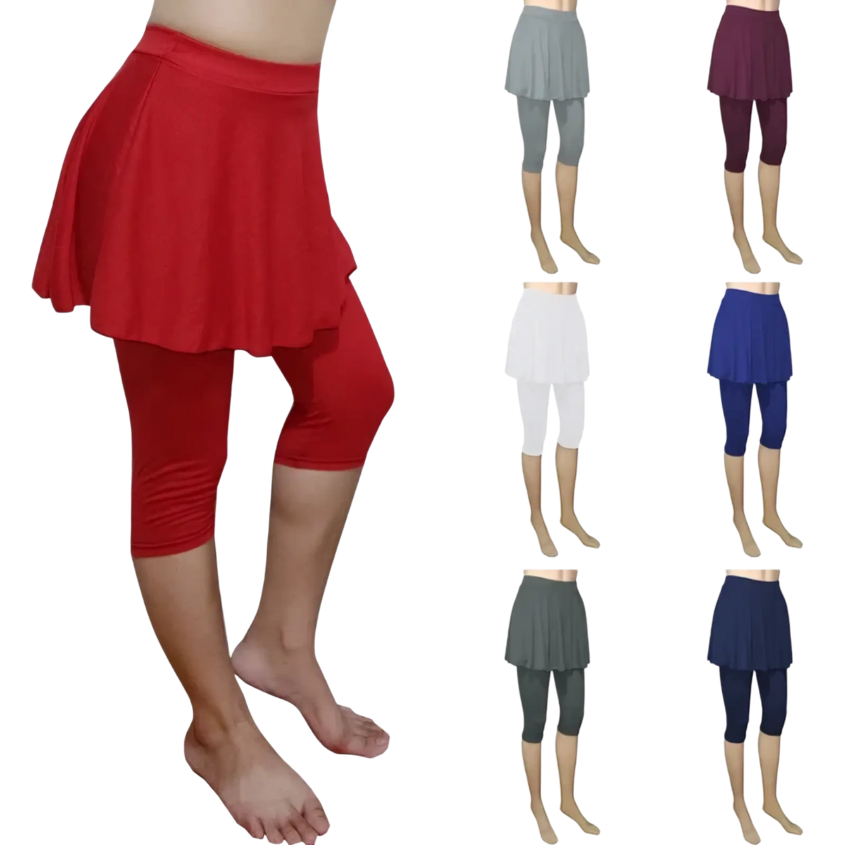 Red pleated skirt overlay skort leggings capris activewear pants featuring capri leggings for versatile fitness wear