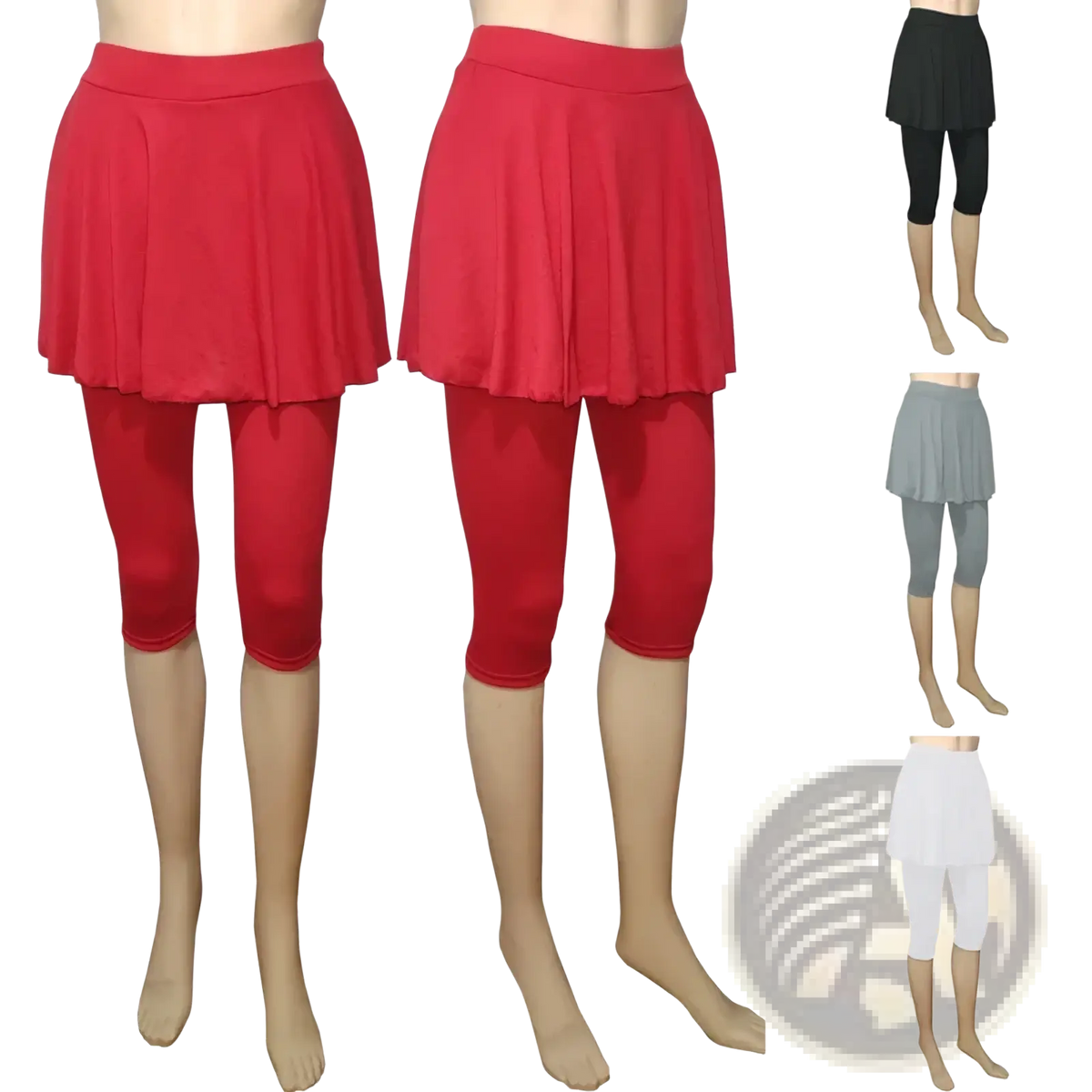 Red pleated skirt skort layered over black capri leggings activewear pants for athletic use