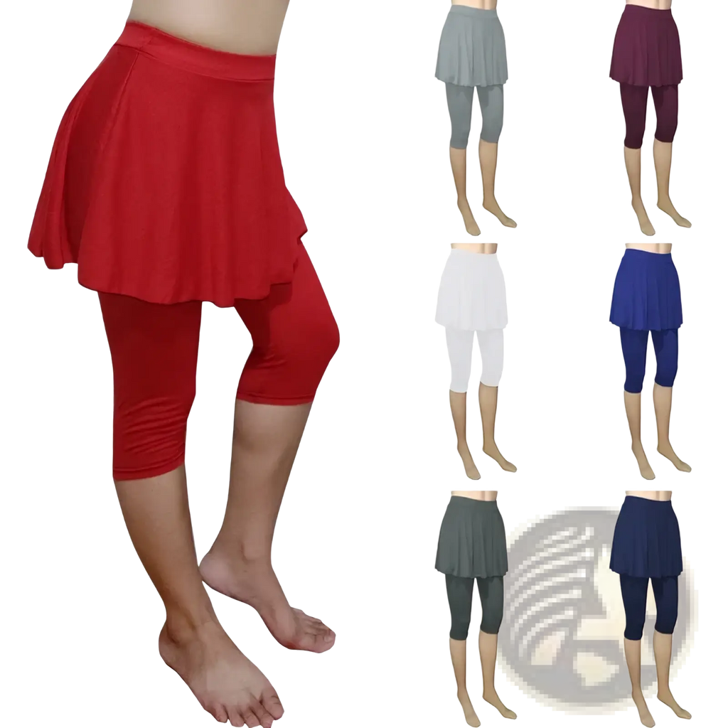 Red pleated skirt overlay skort leggings capris activewear pants featuring capri leggings for versatile fitness wear