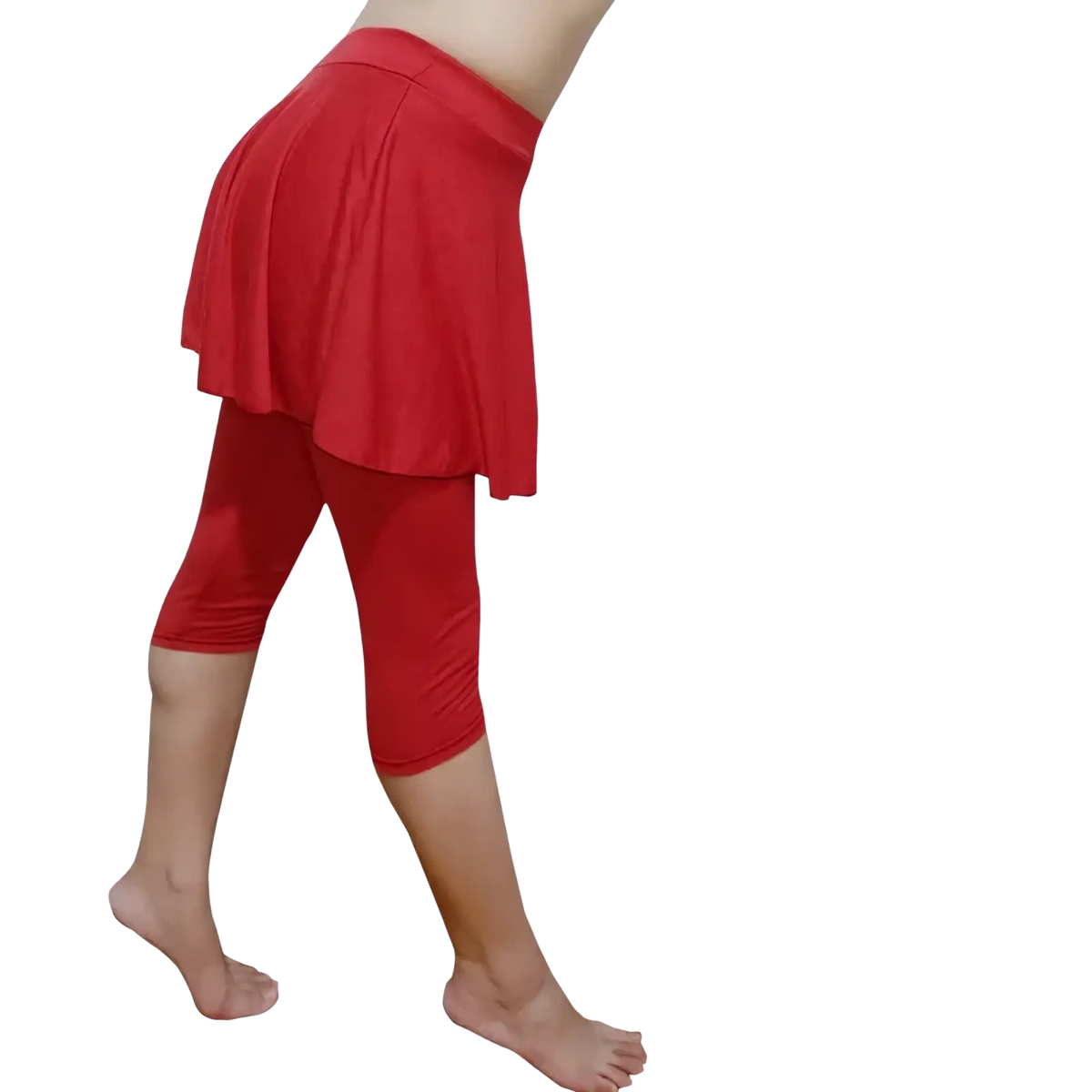 Red two-piece skort leggings capris activewear set with pleated skirt overlay and capri-style leggings