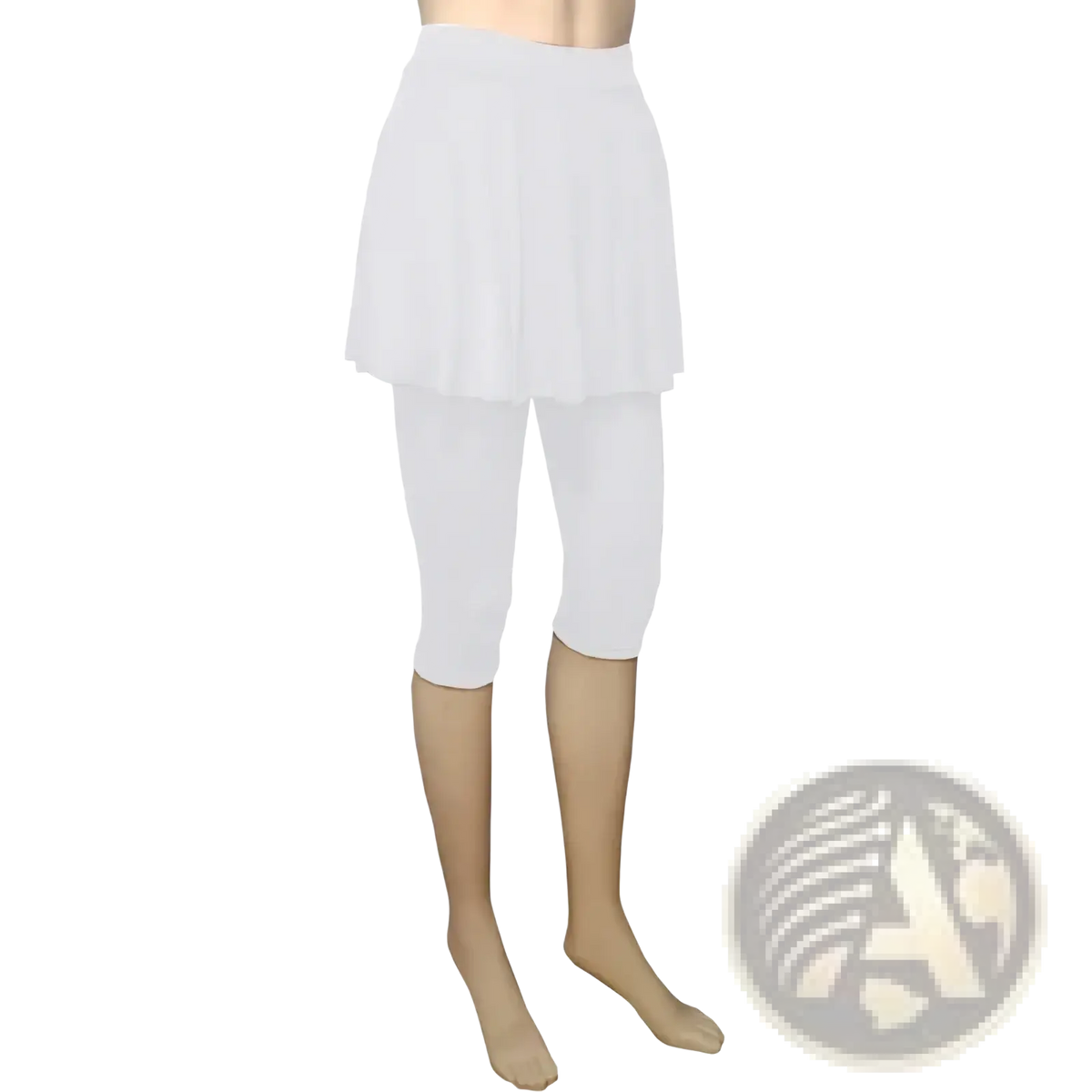 White pleated skort leggings capris activewear pants worn over white capri leggings for athletic use