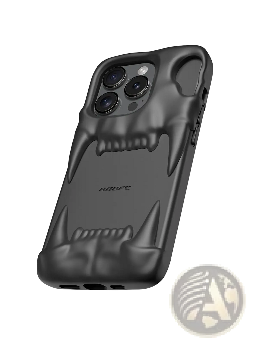 Black matte-finish iphone 14 pro case with 3d embossed skull design featuring sharp fangs and textured jawline back view