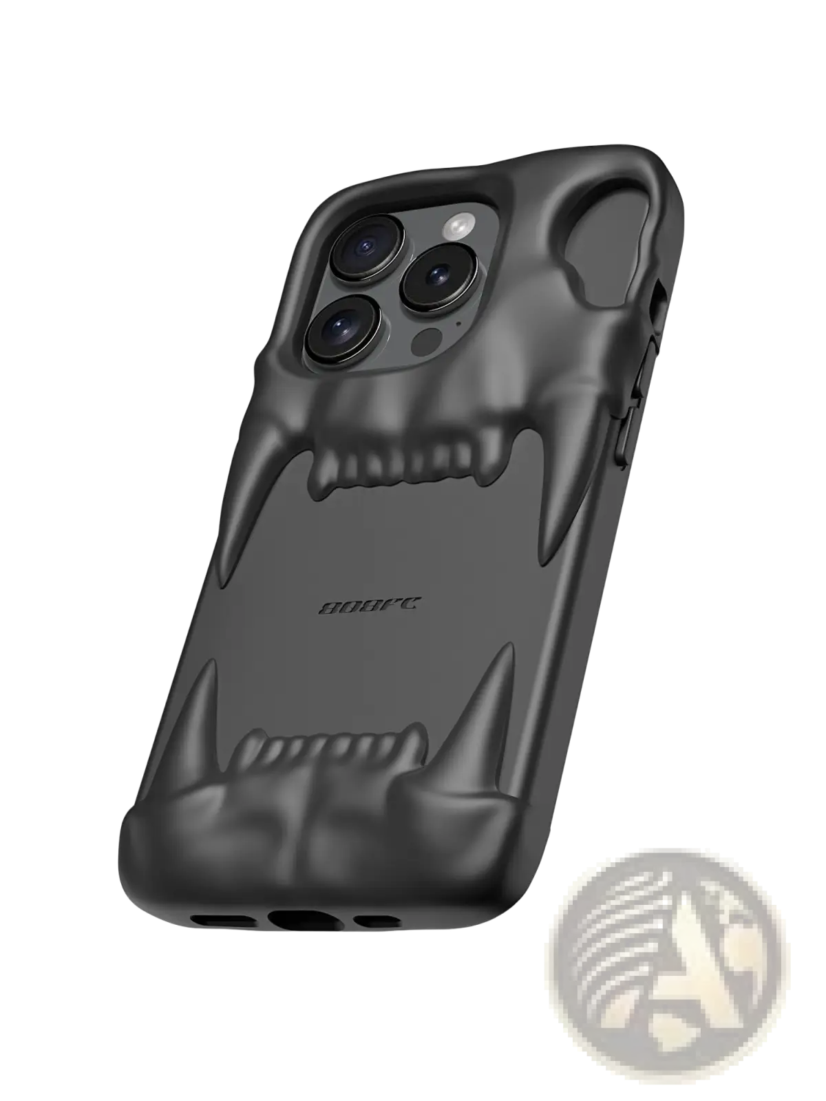 Black matte-finish iphone 14 pro case with 3d embossed skull design featuring sharp fangs and textured jawline back view