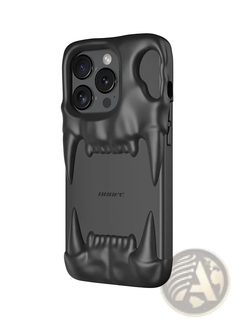 Black matte-finish iphone 14 pro case with 3d skull design featuring prominent fangs and hollow eye sockets back view