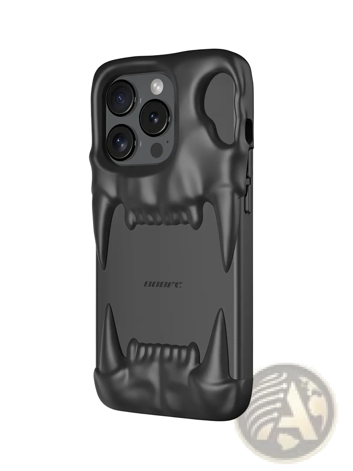 Black matte-finish iphone 14 pro case with 3d skull design featuring prominent fangs and hollow eye sockets back view