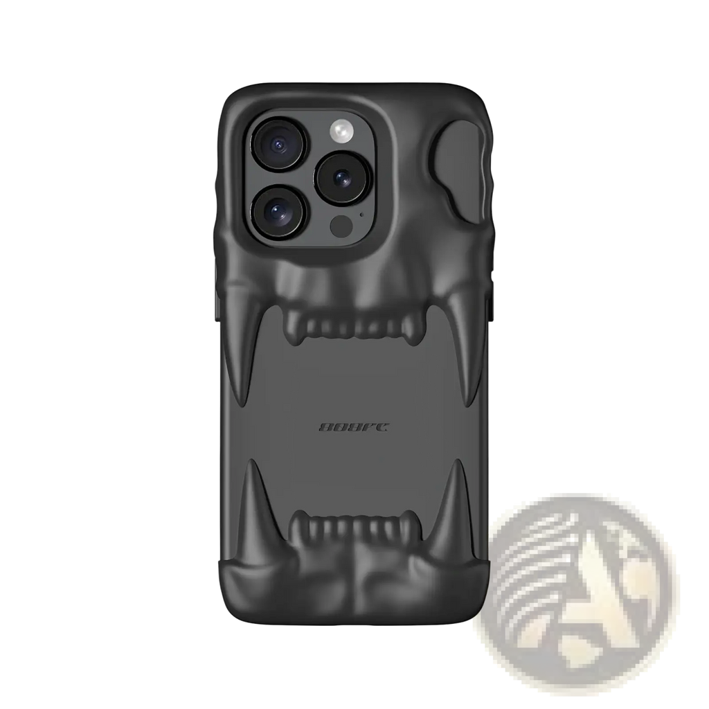 Black matte-finish iphone 14 pro case with 3d skull design featuring sharp teeth and hollow eye sockets back side view