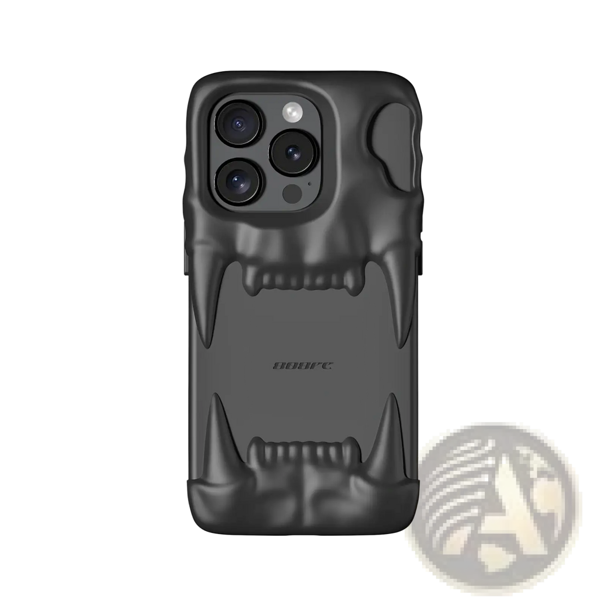 Black matte-finish iphone 14 pro case with 3d skull design featuring sharp teeth and hollow eye sockets back side view
