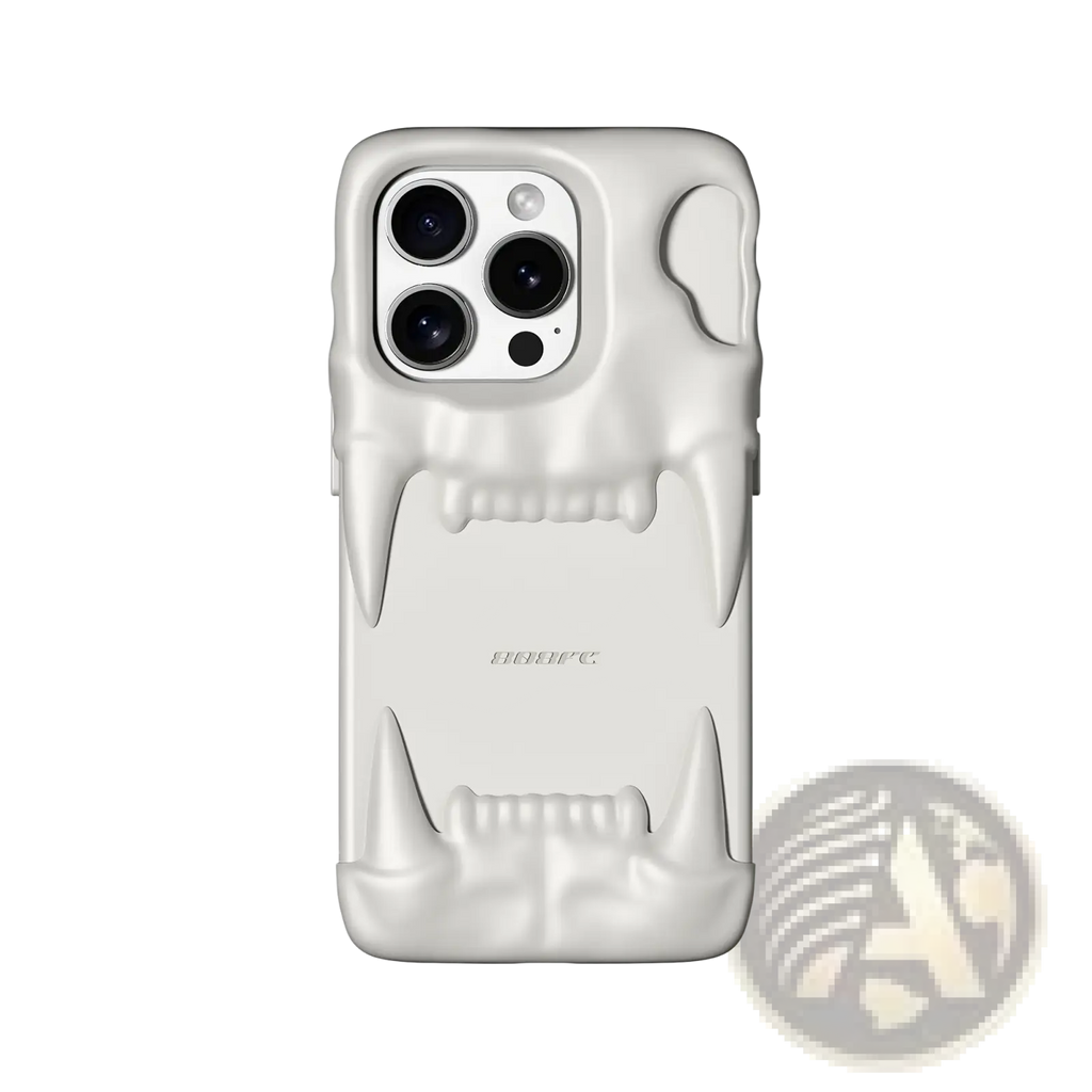 Matte white skull 3d anti drop iphone 14 pro case back with open jaw design and sharp teeth cutouts for camera module