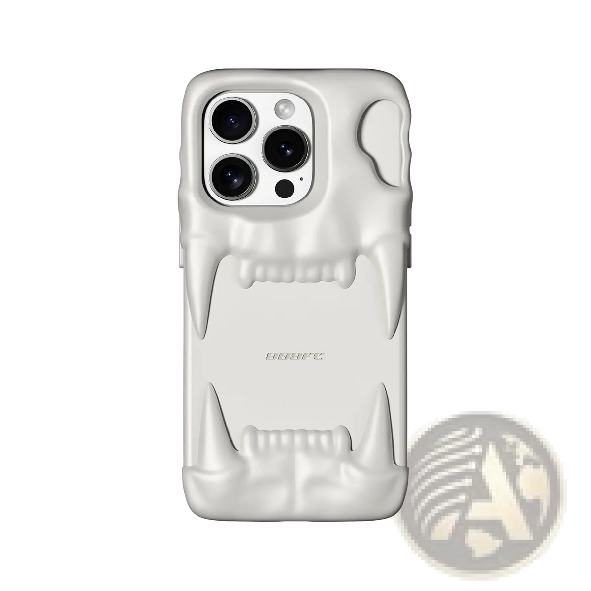Matte white skull 3d anti drop iphone 14 pro case back with open jaw design and sharp teeth cutouts for camera module