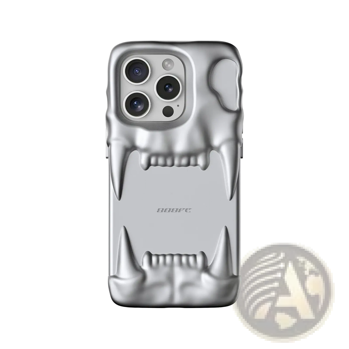 Silver skull-themed glossy iphone 14 pro case with detailed teeth design shown from the back side
