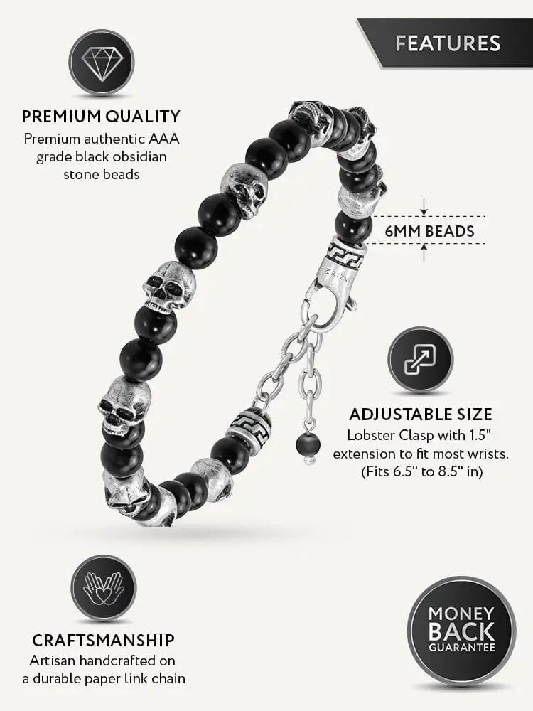 Black obsidian and silver skull beaded bracelet with lobster clasp featuring polished black stones and detailed silver skulls