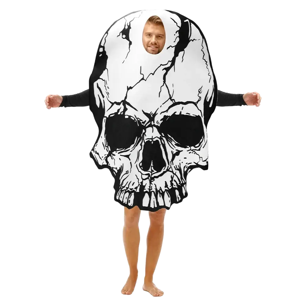 Black and white cracked skull costume with head cutout for party cosplay outfit showcasing front view