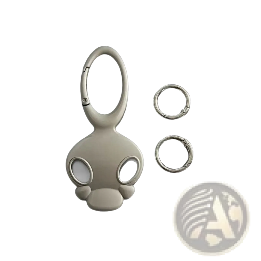 Gray skull metal car keychain bag charm with metallic silver carabiner and two matching rings for keys or bags