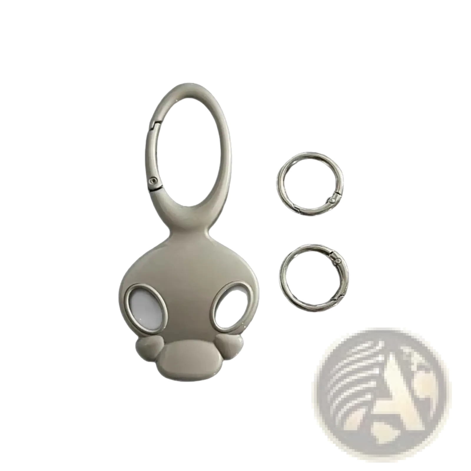 Gray skull metal car keychain bag charm with metallic silver carabiner and two matching rings for keys or bags