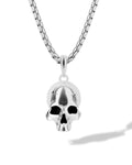 Silver gothic skull pendant stainless steel box chain necklace with polished silver finish and black inlaid eye sockets