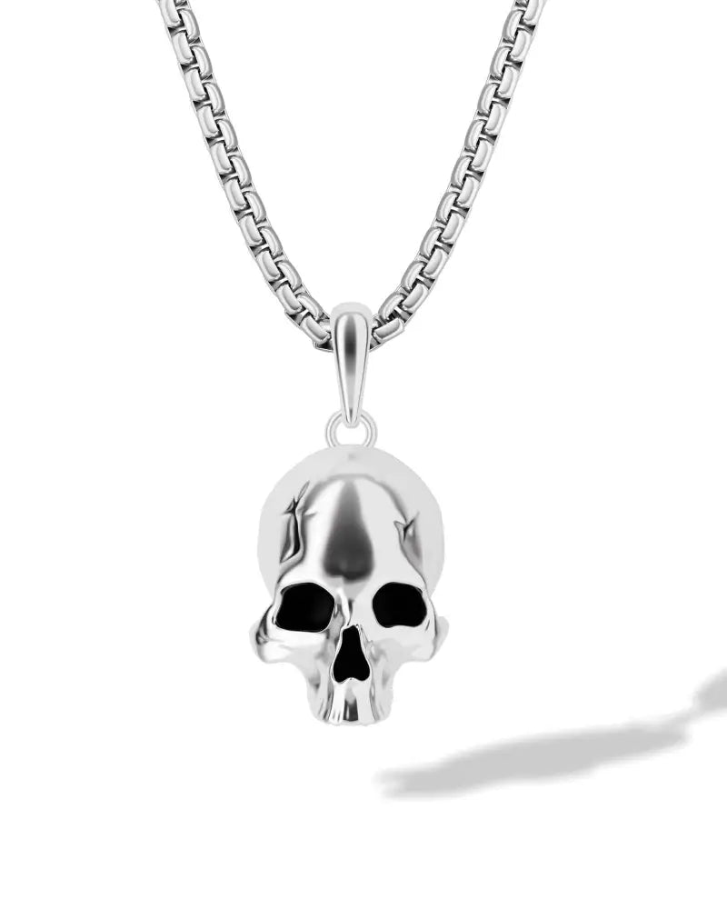 Silver gothic skull pendant stainless steel box chain necklace with polished silver finish and black inlaid eye sockets