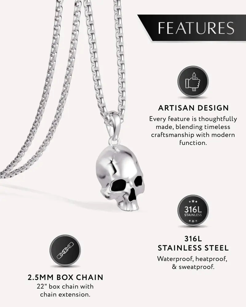 Silver gothic skull pendant on 316l stainless steel 2.5mm box chain necklace for stylish accessories