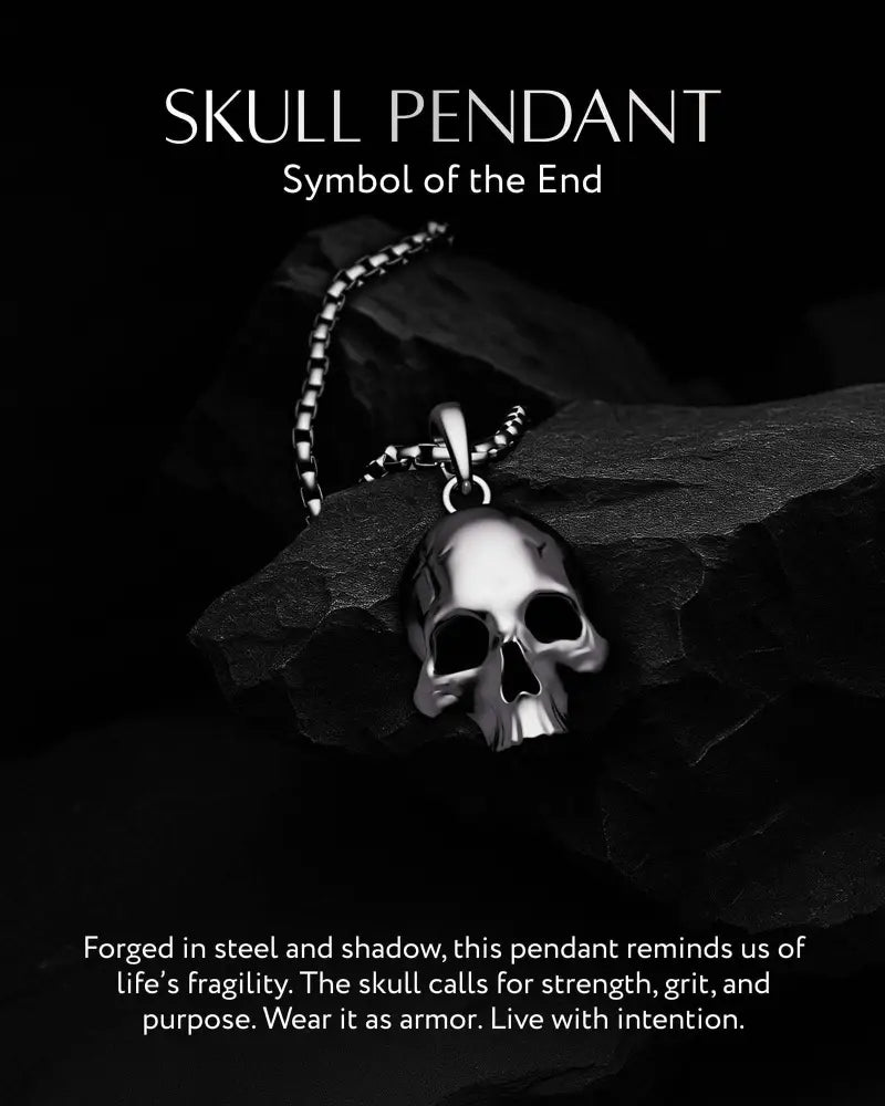 Silver gothic skull pendant in stainless steel with textured metallic finish and beaded box chain necklace