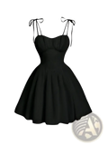 Black strapless dress with tied shoulder ties and a flared skirt complementing the sky blue ruched corset mini dress with tie straps