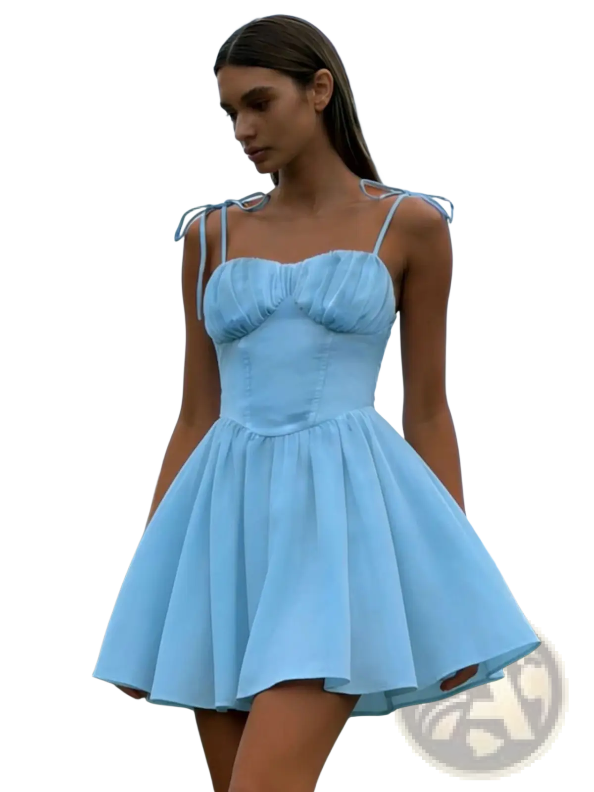 A sky blue structured mini dress with a ruched corset bodice and tied puffed shoulder straps