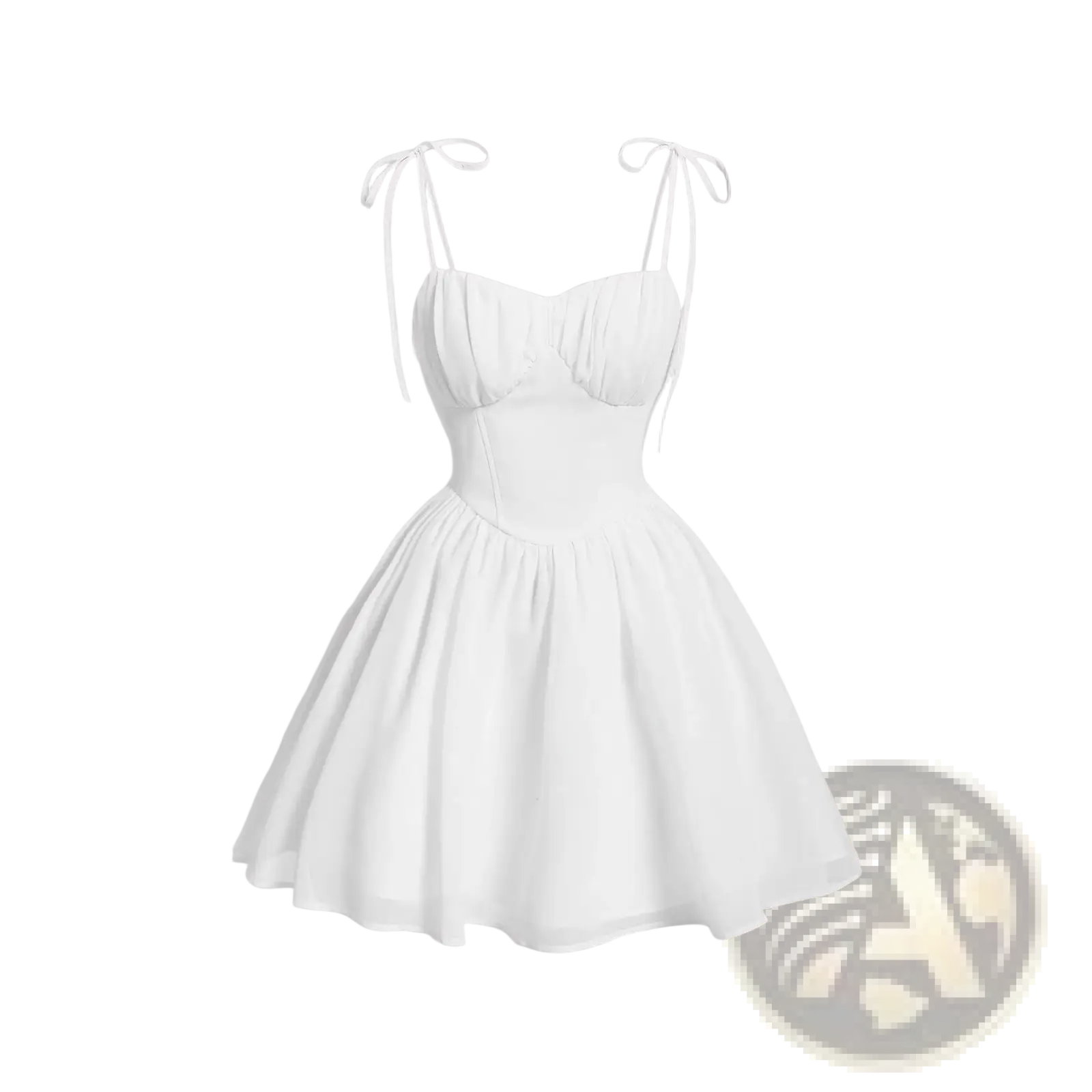 White flowing mini dress with delicate tie straps and fitted bodice featuring a ruched corset design