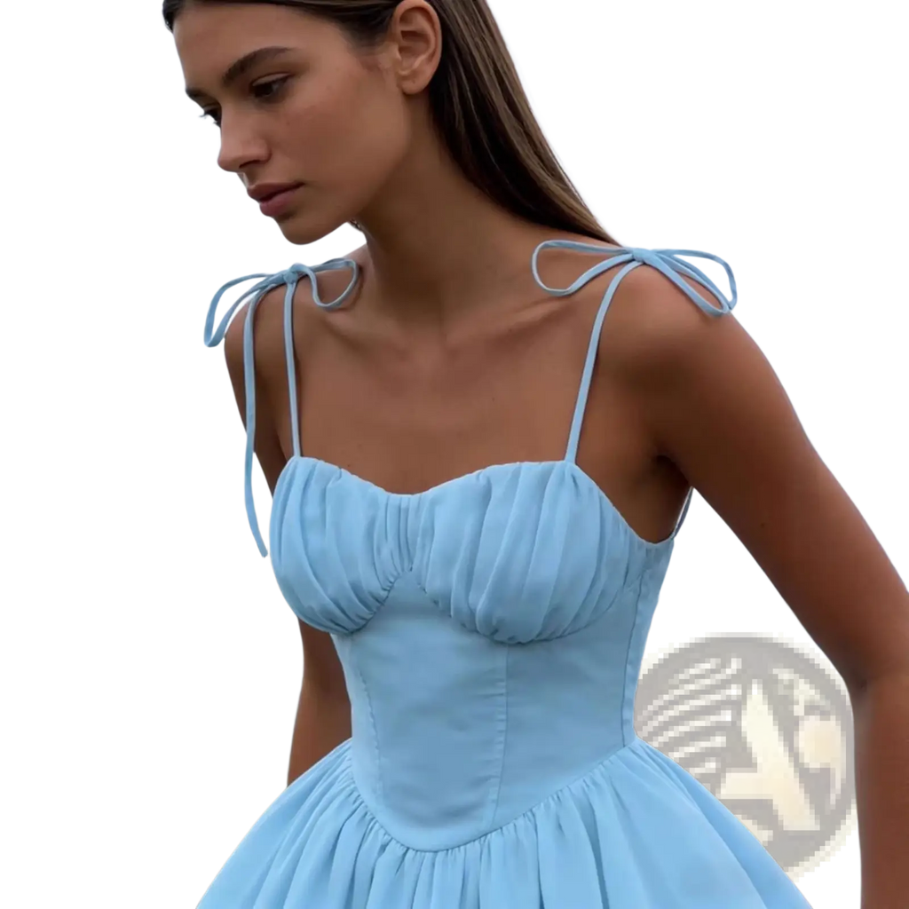 A sky blue ruched corset mini dress with thin tie straps and a flared skirt in light blue fabric