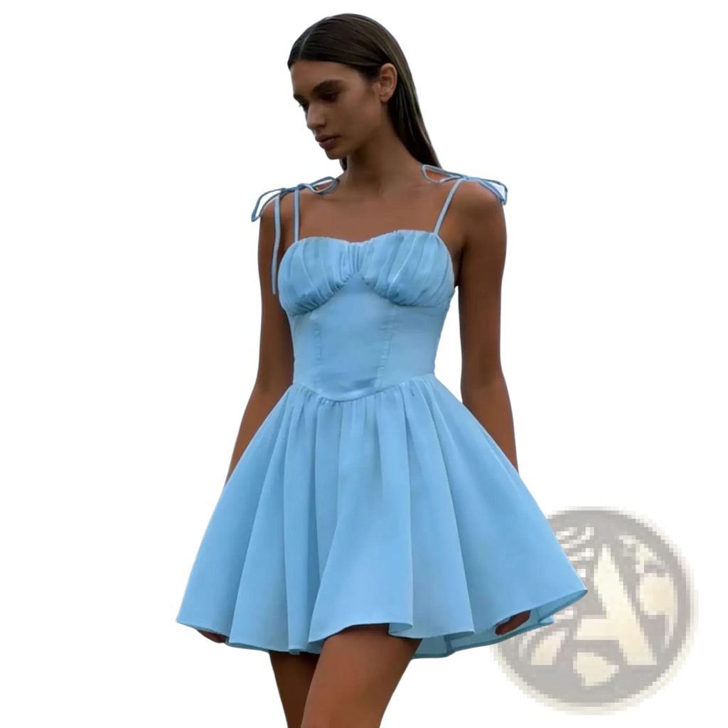 A sky blue sleeveless mini dress with a ruched corset bodice and tied shoulder straps in light fabric