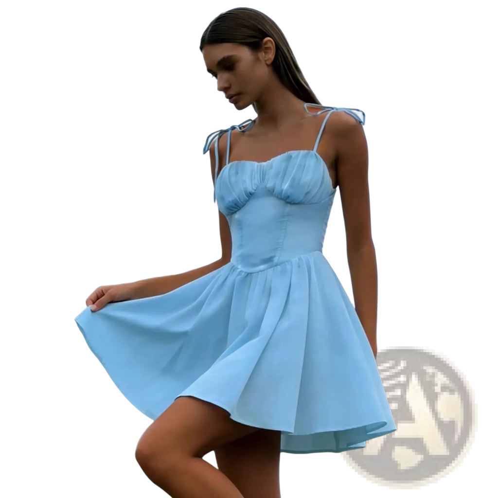 A sky blue sleeveless ruched corset mini dress with puffed bodice and tied shoulder straps
