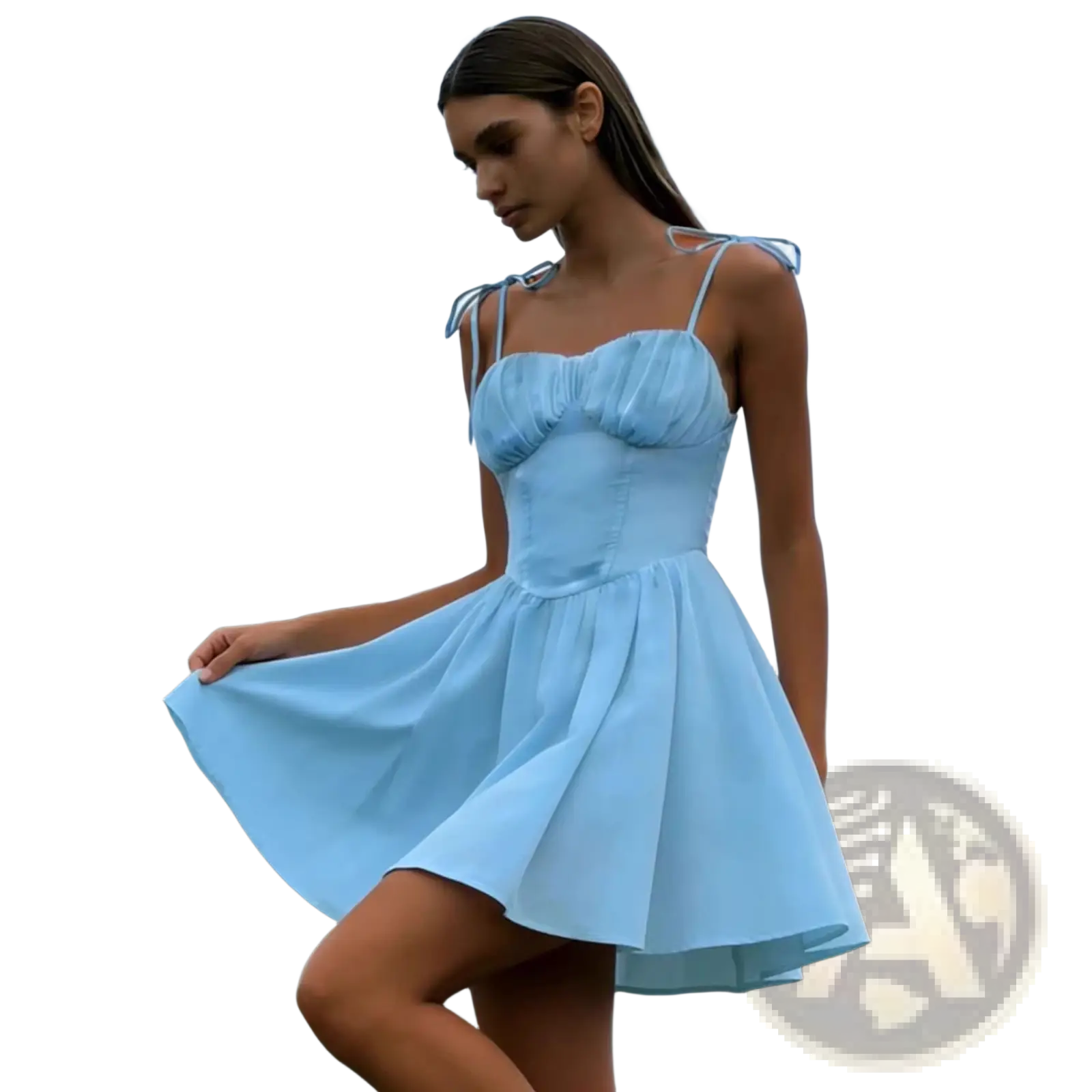 A sky blue sleeveless ruched corset mini dress with puffed bodice and tied shoulder straps