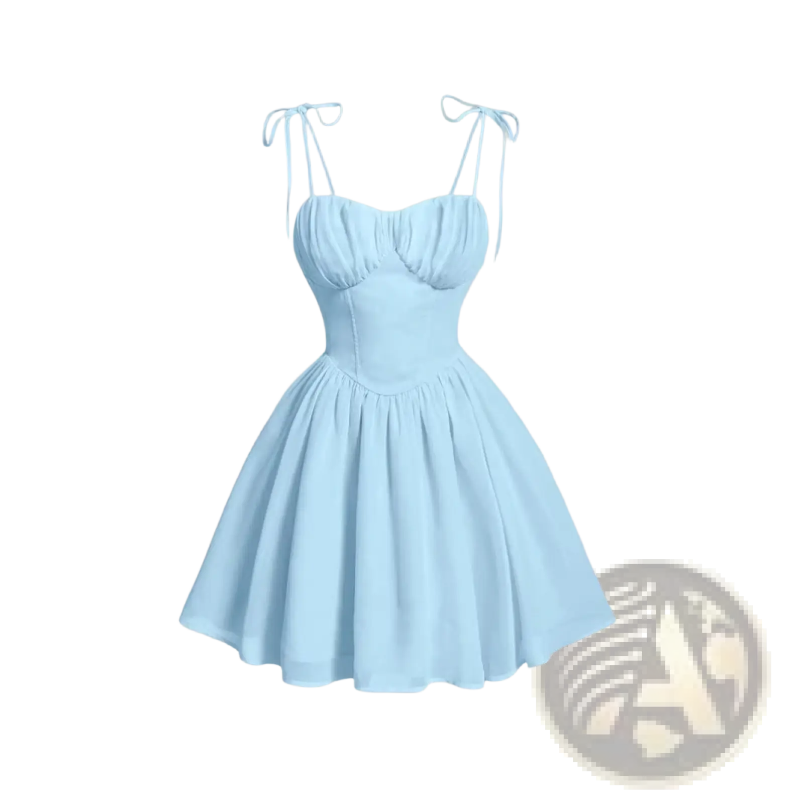 A sky blue ruched corset mini dress with sleeveless design and tied shoulder straps made of lightweight fabric