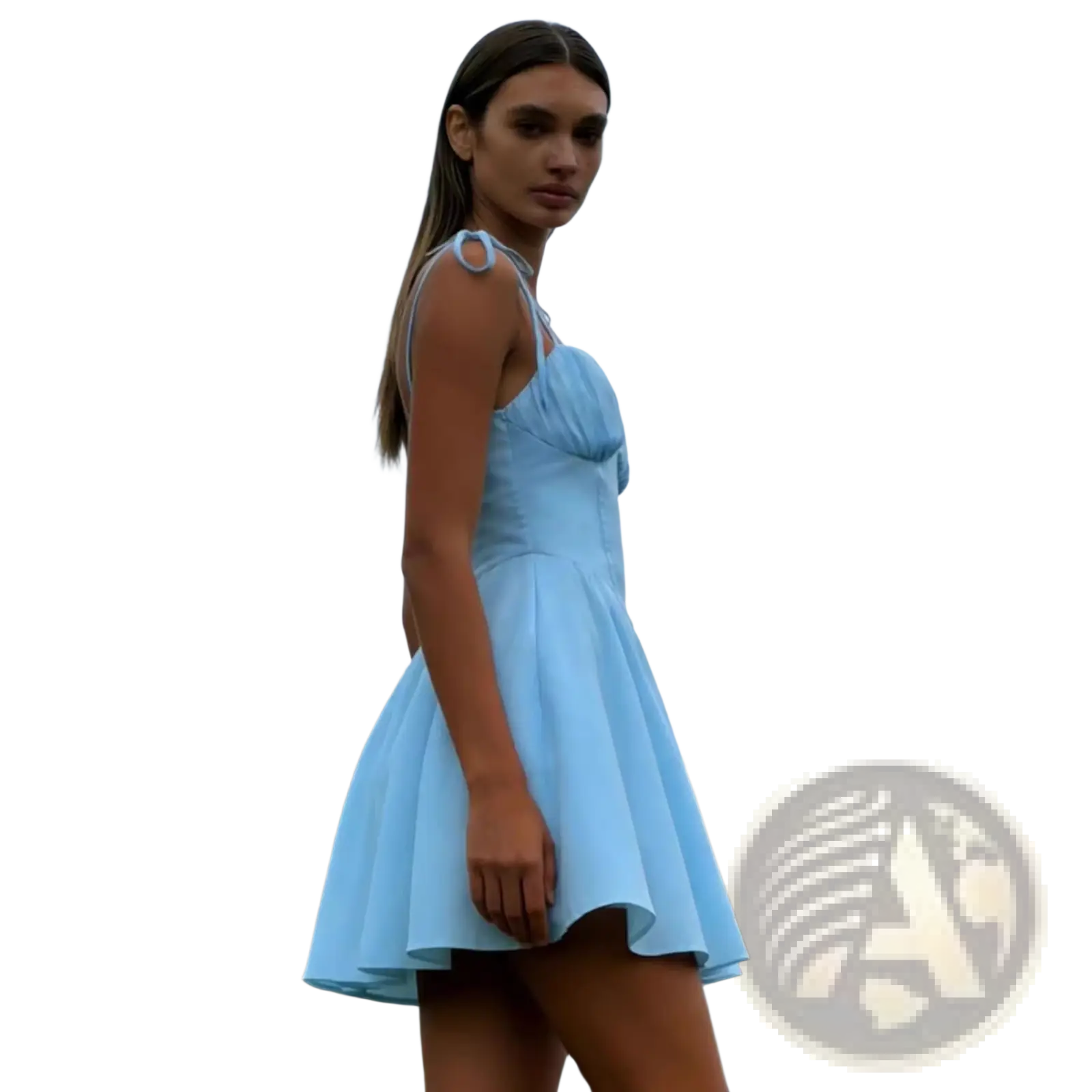 Sky blue sleeveless ruched corset mini dress with tie straps and circular cutouts on thin shoulder straps