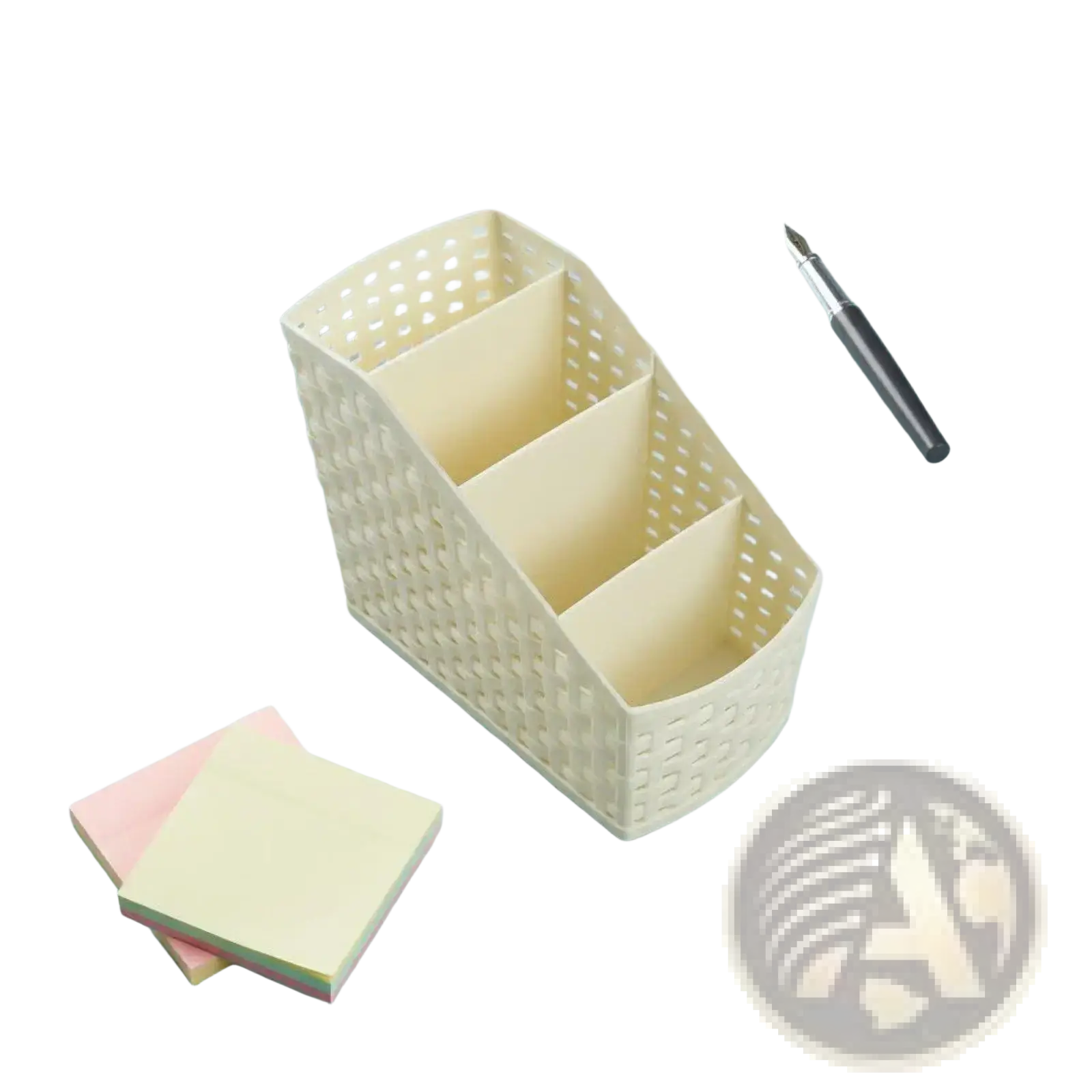 Cream-colored slanted woven plastic desk organizer with four compartments for office or home use