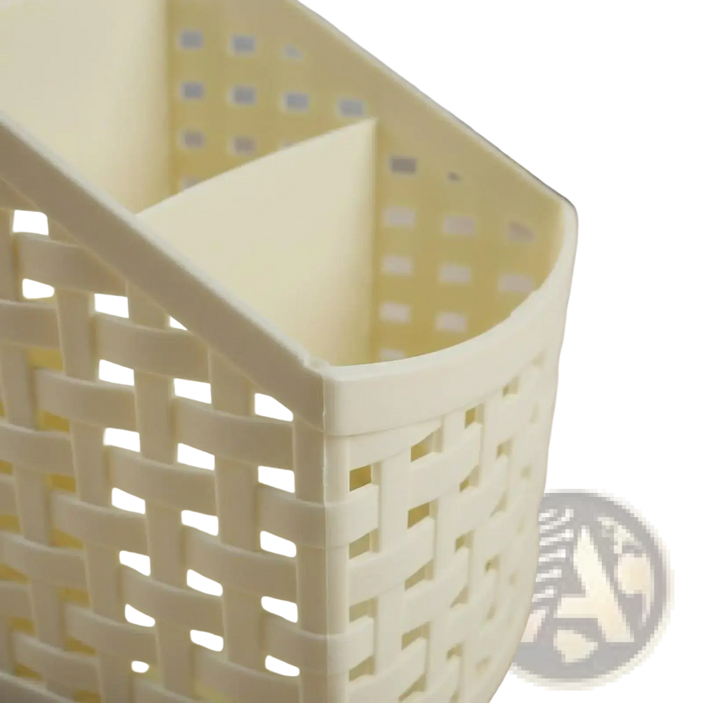 Cream-colored slanted woven plastic desk organizer with divided interior for efficient desk storage and organization