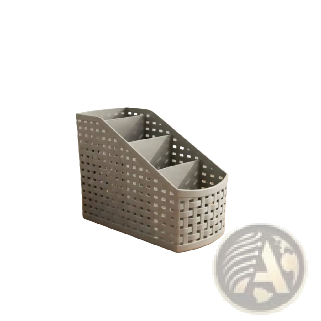 Gray slanted woven plastic desk organizer with three compartments and lattice design for office or home use