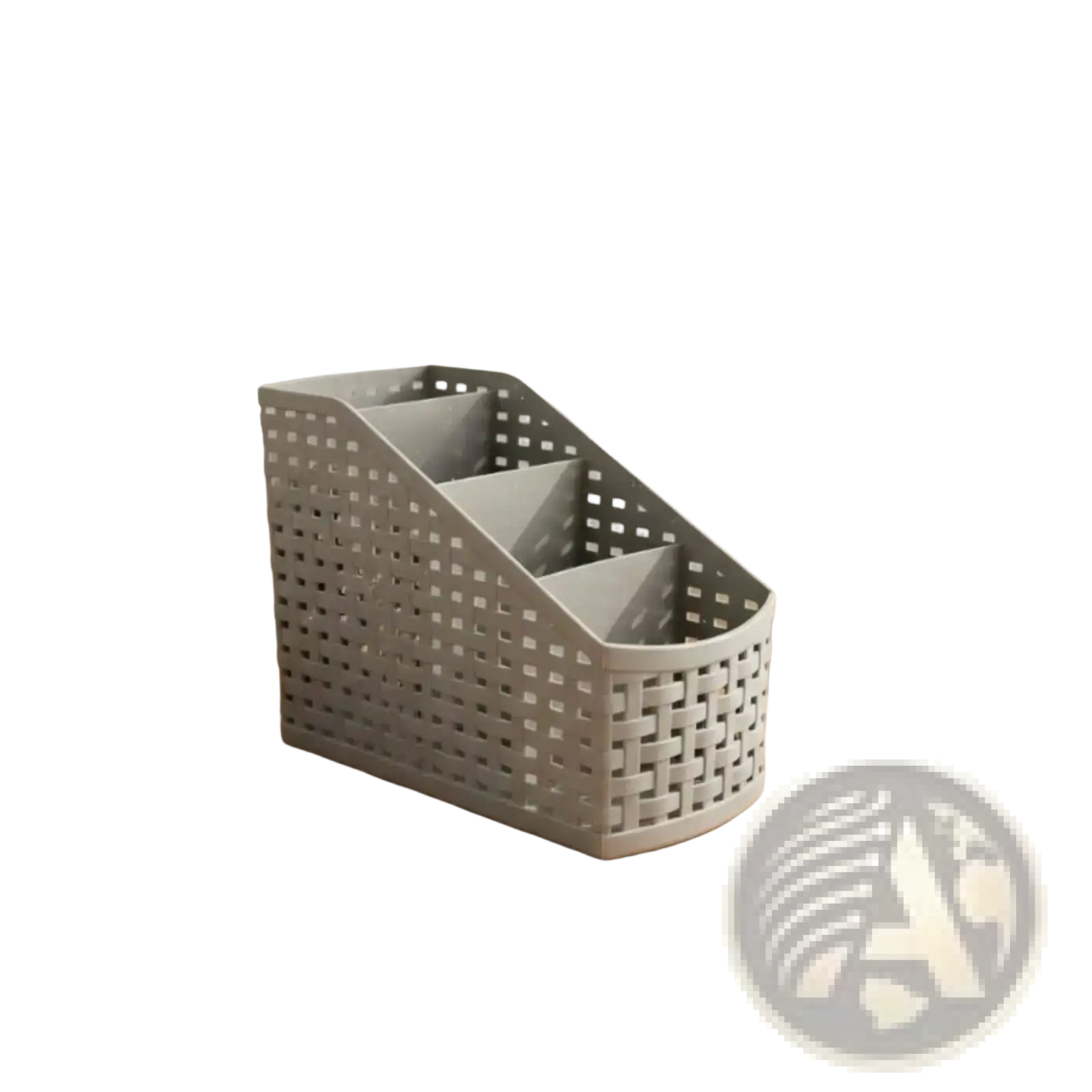 Gray slanted woven plastic desk organizer with three compartments and lattice design for office or home use