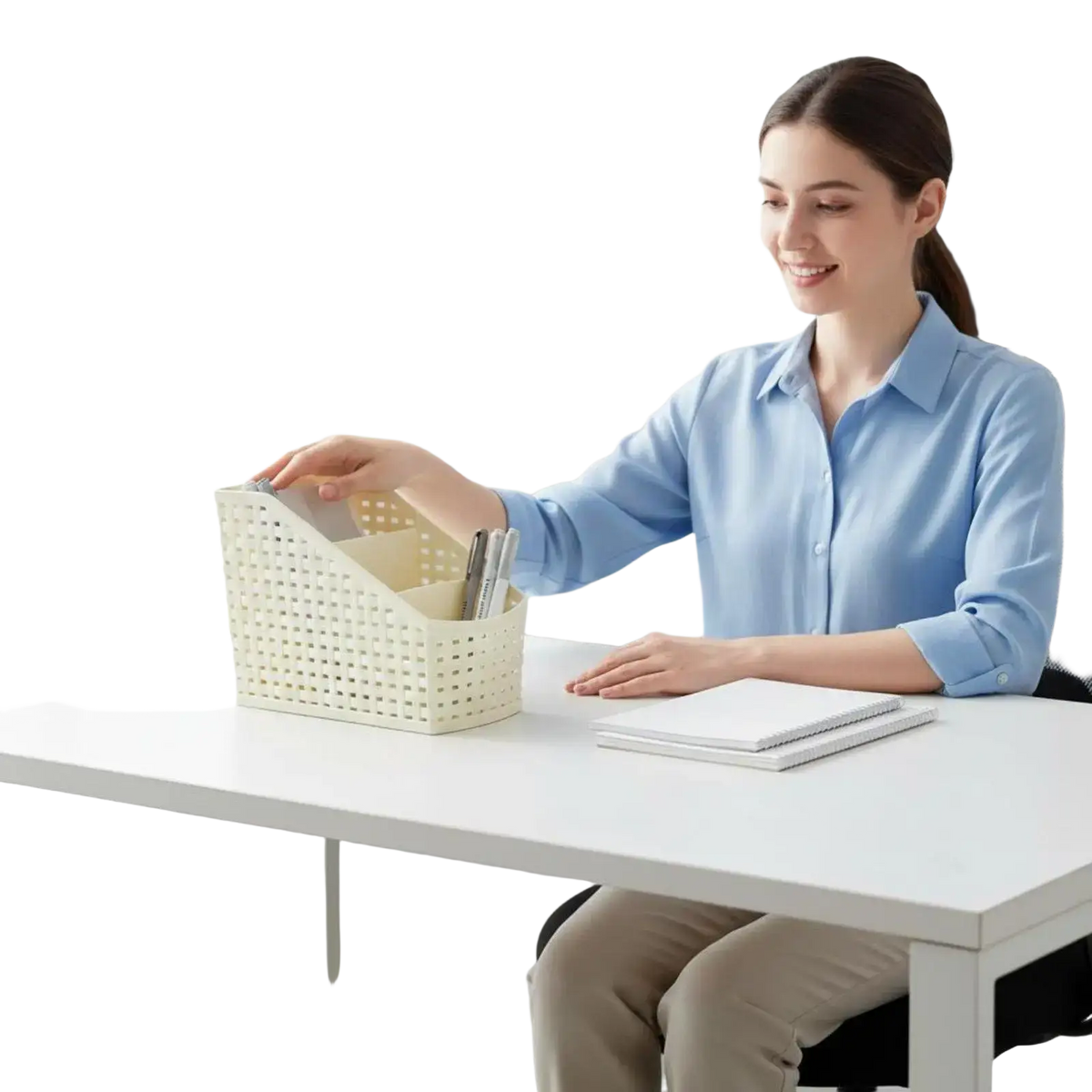 Off-white slanted woven plastic desk organizer with multiple compartments for efficient workspace storage