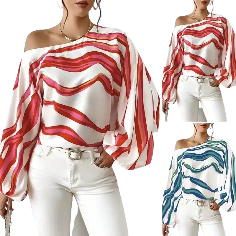 Slash neck off shoulder satin blouse with bold red pink white wavy stripes and flowing sleeve style design