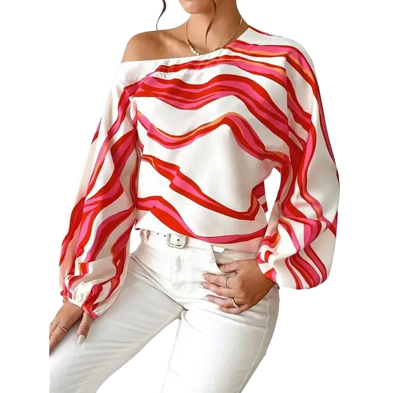 Slash neck off shoulder satin blouse with vibrant red and pink wavy stripes and inch cm inch sleeve style