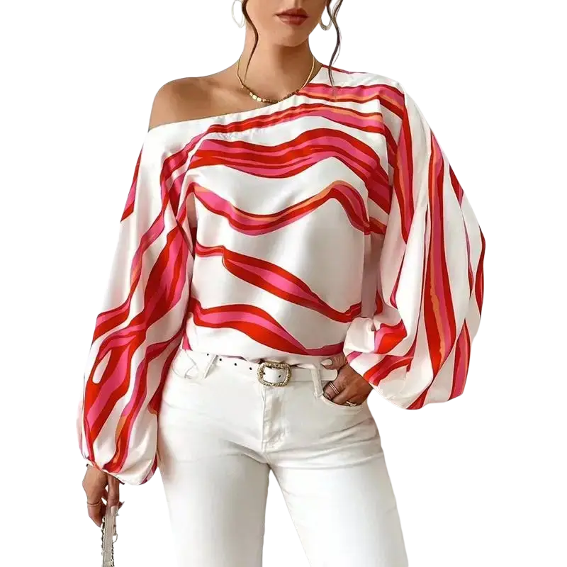 Slash neck off shoulder satin blouse with vibrant red and pink wavy stripes and elegant sleeve style details