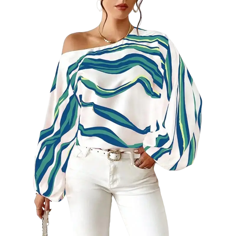 Slash neck off shoulder satin blouse in white with bold teal and green wavy stripes sleeve style and flowing long sleeves