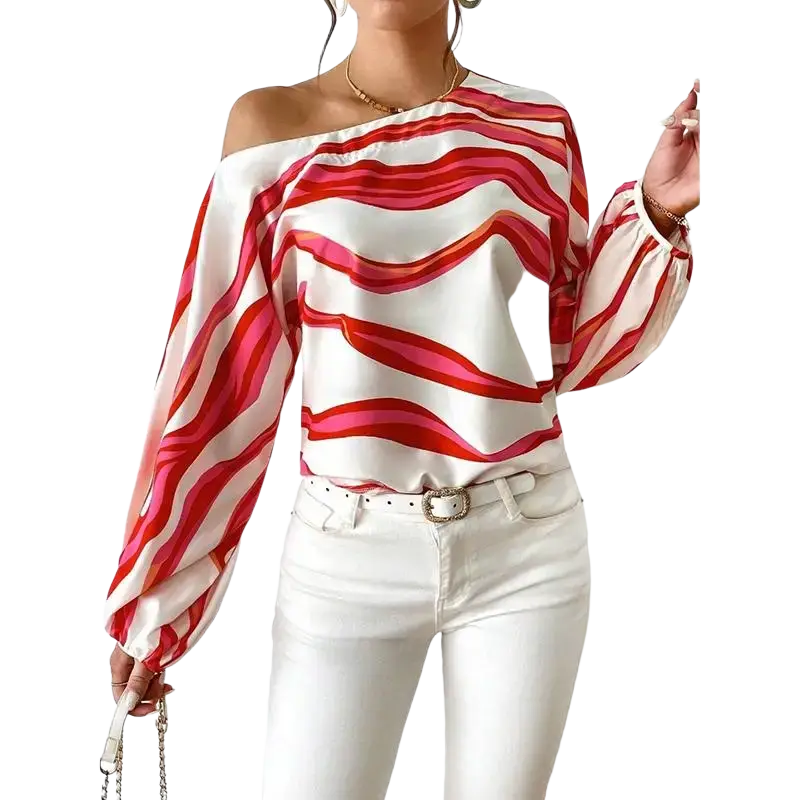 A white satin slash neck off shoulder blouse with bold red and pink wavy stripes and long puffed sleeve style