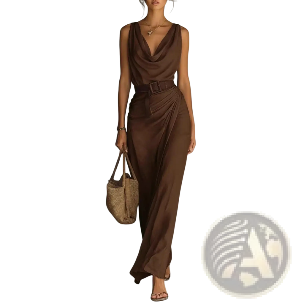 A flowing brown satin jumpsuit with a draped cowl neckline and matching belt for a sleek resort look