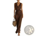 A flowing brown satin jumpsuit with a draped cowl neckline and matching belt for a sleek resort look
