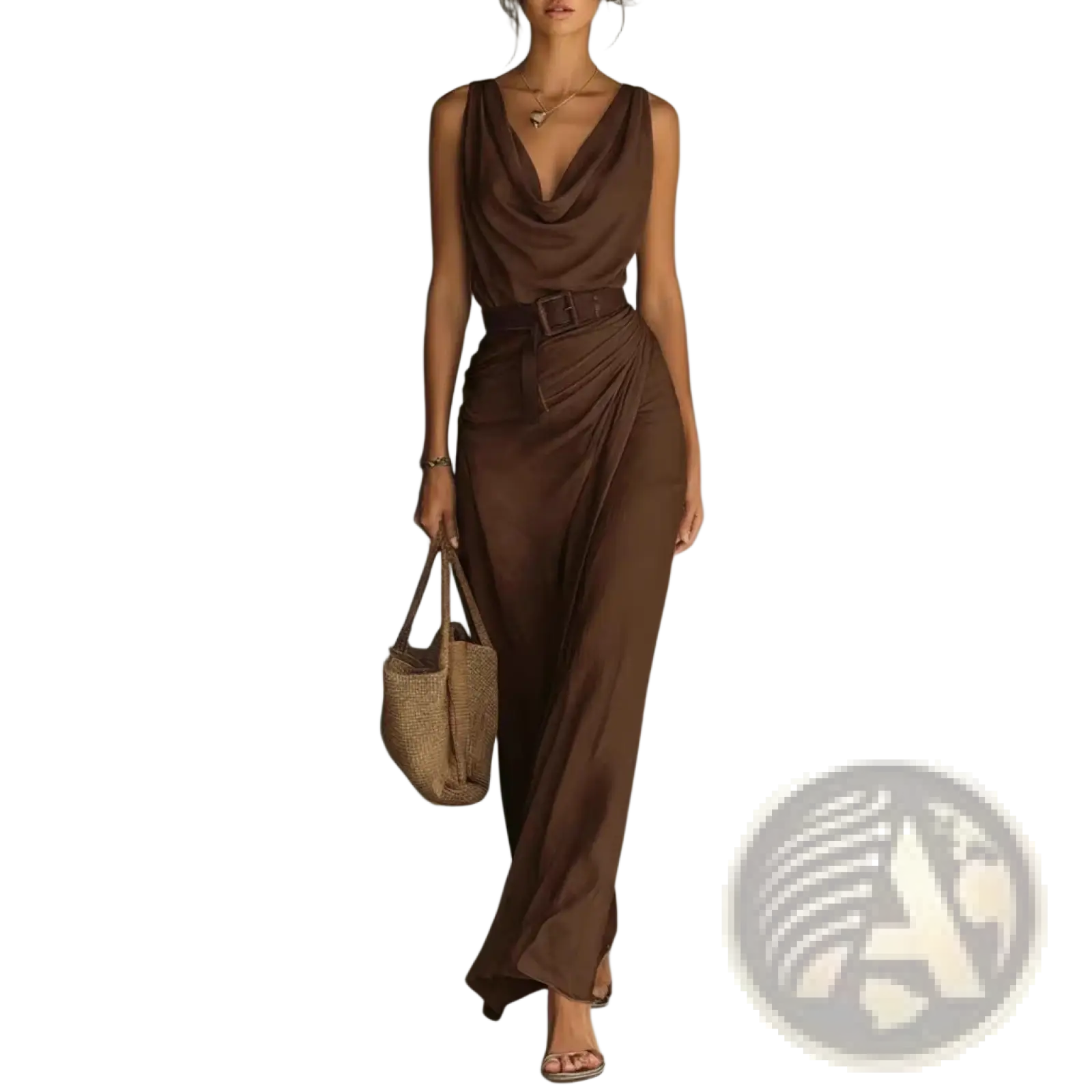 A flowing brown satin jumpsuit with a draped cowl neckline and matching belt for a sleek resort look