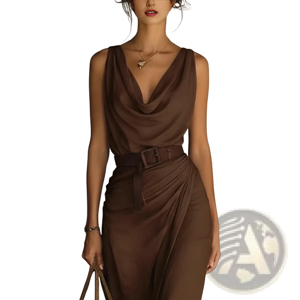 A sleek brown satin sleeveless resort maxi dress with a draped cowl neckline and matching belt with rectangular buckle