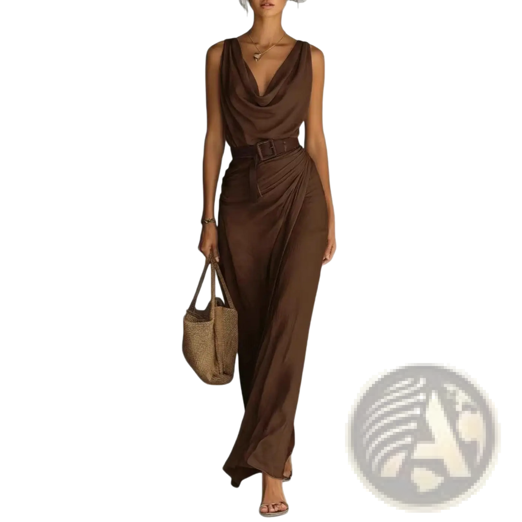 A flowing sleeveless brown satin jumpsuit with draped cowl neckline and matching belt for resort wear