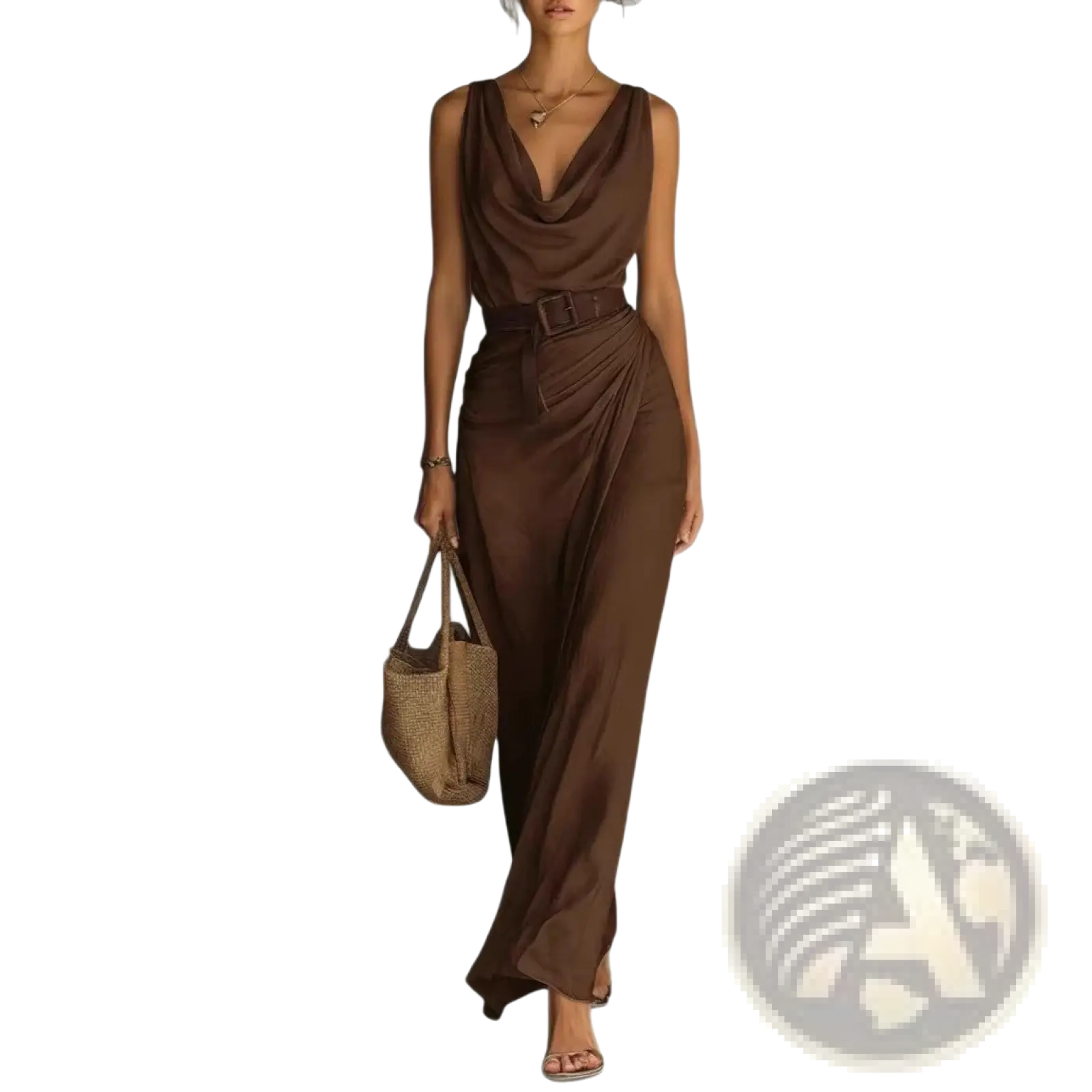 A flowing sleeveless brown satin jumpsuit with draped cowl neckline and matching belt for resort wear