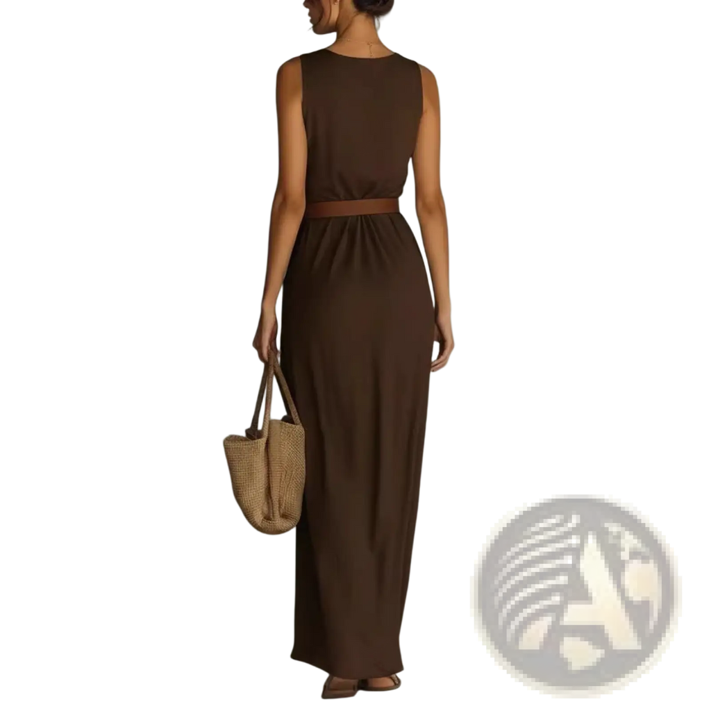 A sleeveless floor-length brown satin maxi dress with a fitted waistband and flowing fabric for resort wear